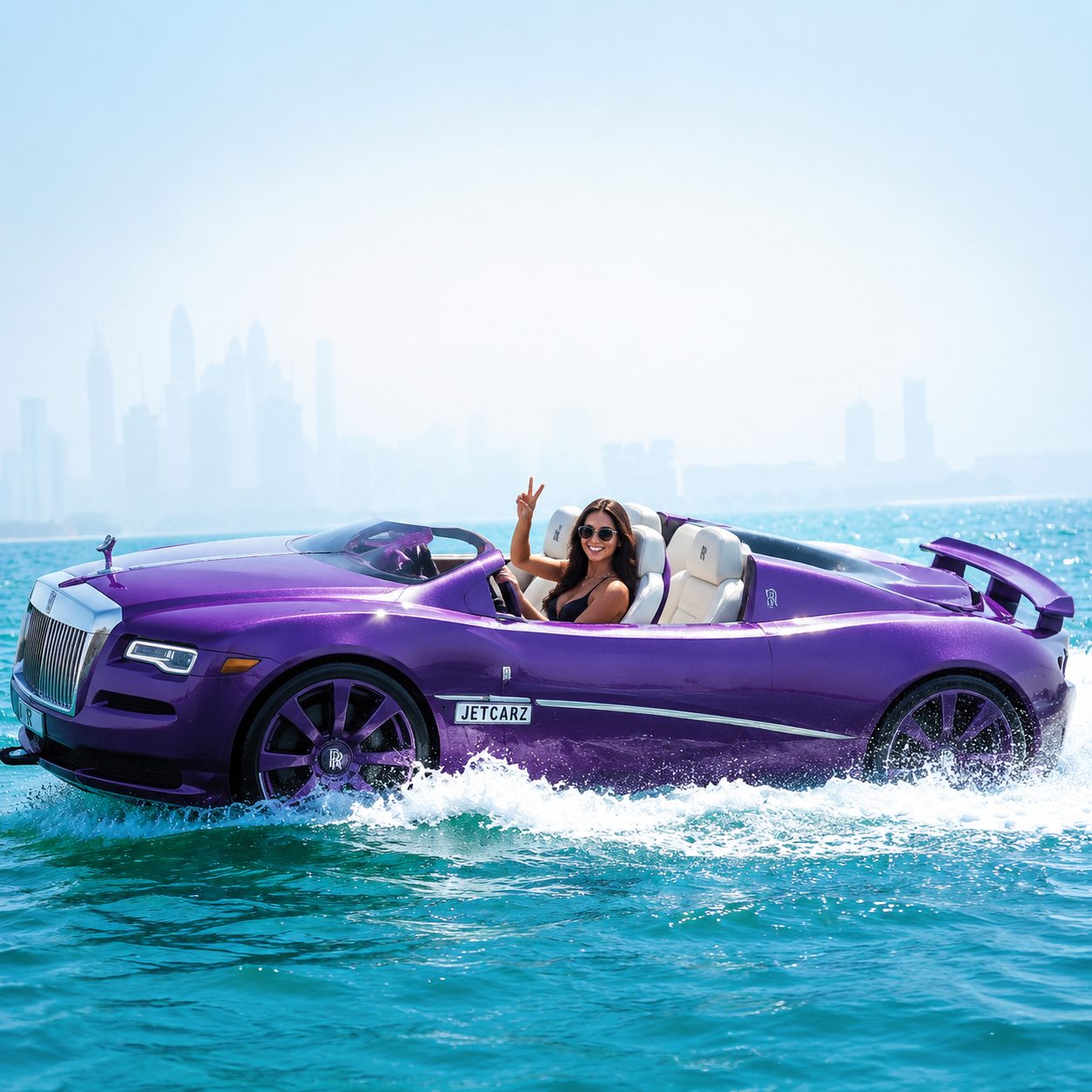 A purple luxury jet car running across open water with a city skyline behind